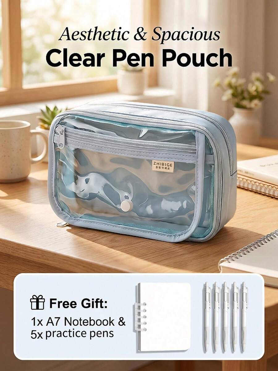 1pc Transparent Fabric Solid Color Button Pencil Case, Extra Large Capacity Multi-Layer Stationery Storage Box, Multifunctional Desktop Pencil Box. Can Store Calculator, Notebook And Pens - Suitable For School, Office And Travel - Suitable For Students, Professionals, Male And Female, School Stationery Storage Box, Multifunctional Storage Box, Secure Zipper Closure, Pencil Case - Multicolor - View 1