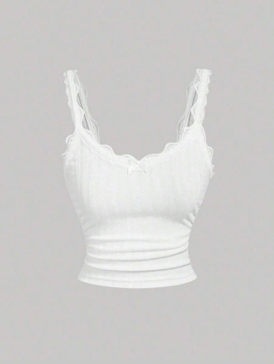 Camiseta de mujer con parche de encaje y decoración de lazo - Blanco - Ver 1