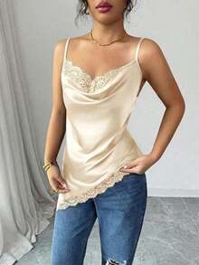 Camiseta de satén asimétrica elegante y sexy con dobladillo de encaje para mujer - Albaricoque - Ver 4