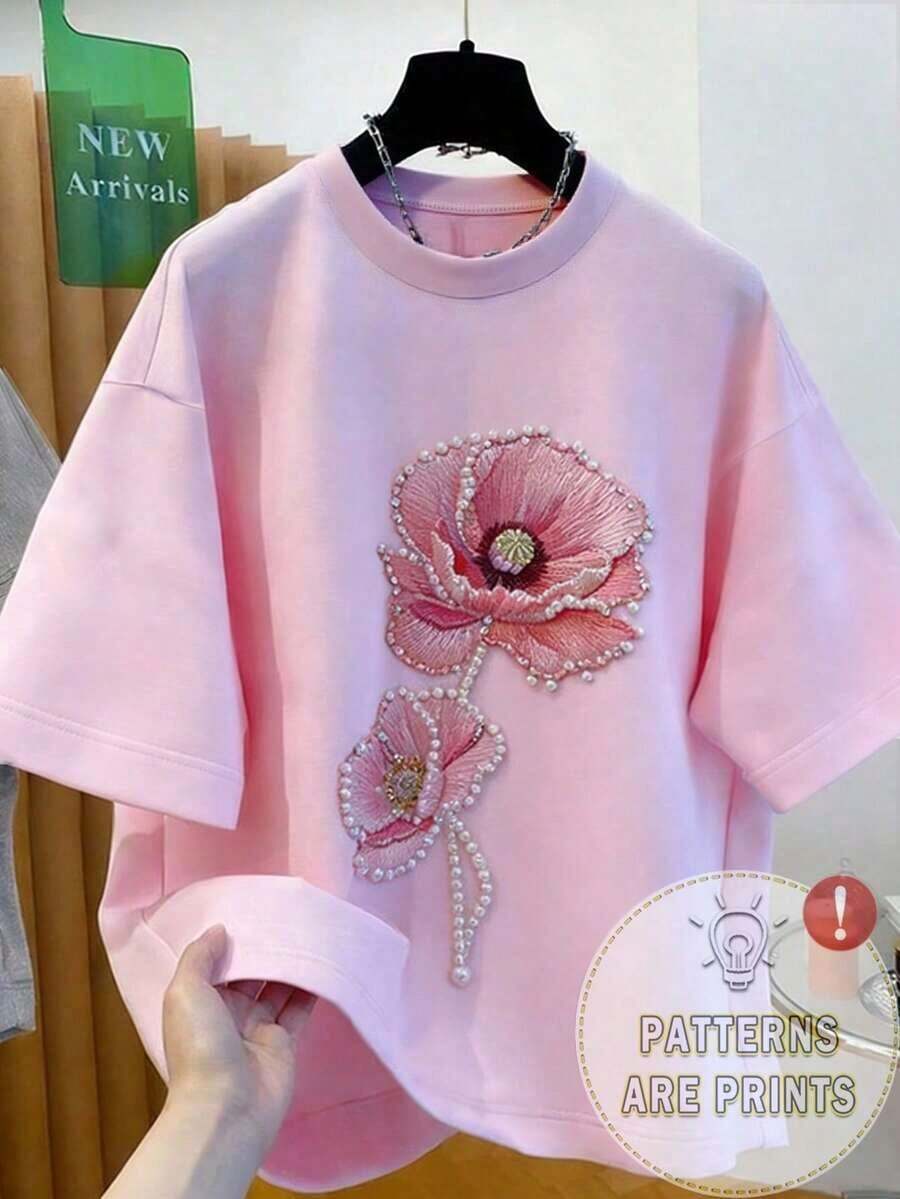 Camiseta casual y de moda para mujer con efecto de parche de mezclilla, estampado a rayas y de cerezas digitales, cuello redondo - Rosa Pálido - Ver 1