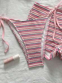 Conjunto de traje de baño de verano para mujer, elegante, romántico, casual, dulce, lindo y sexy.Conjunto básico y versátil de top de bikini halter con estampado floral azul y blanco, Bottom triangular y shorts, apto para playa, resort, spa, lun - Rosa - Ver 5