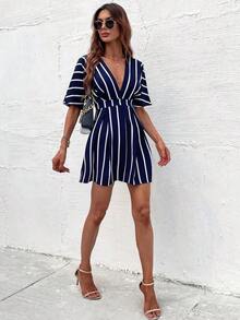 Vestido corto de verano casual de vacaciones para mujer con estampado de rayas y cuello en V profundo con cintura ceñida - Azul marino - Ver 6