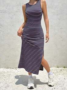 Vestido de rayas para mujer con abertura lateral y espalda descubierta - Multicolor - Ver 2