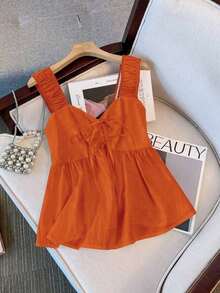 Blusa de estilo vintage para vacaciones con estampado de lunares, fruncida y con nudo delantero, para verano - Naranja Quemada - Ver 4