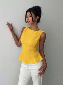 sin mangas elegante para ir a la oficina, diseño minimalista, casual de negocios para mujer, ropa de oficina, salir, para maestras, blusa casual para mujer, blusa social para mujer - amarillo ganso - Ver 8