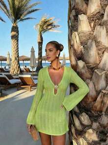 Vestido de manga larga de punto para mujer, estilo de vacaciones en la playa - Verde hierba claro - Ver 2