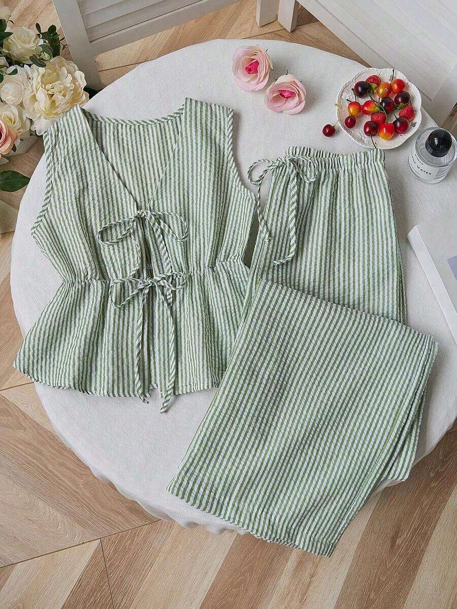 Set de 2 piezas: Pantalones rectos con cordones y rayas, estilo callejero para mujer, verano - Verde militar - Ver 1