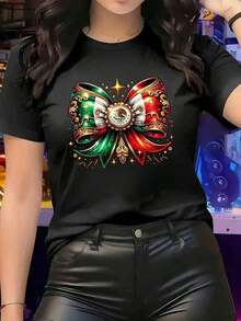 Camiseta estampada de moda para mujer, top holgado de estilo urbano, cómoda, elegante y versátil para el verano.Camiseta casual moderna para mujer en negro/blanco, con diseño de lazo, corte holgado, cuello redondo, mangas cortas, adecuada para uso diario en primavera y verano. - Negro - Ver 7