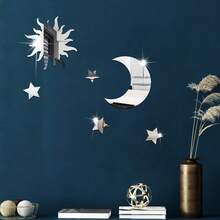 6pcs Star & Moon Combination Acrylic Mirror 3D Self-Adhesive DIY Wall Sticker For Bedroom & Living Room, Removable - 6pcs/set - View 2