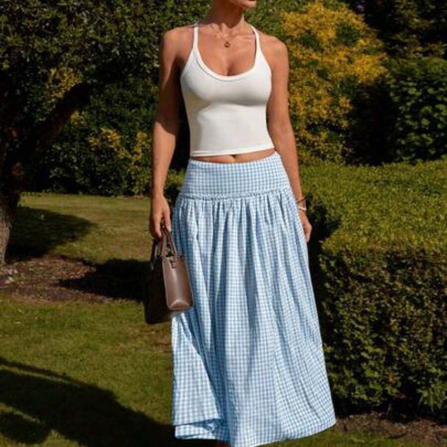 Women's Long Floral Print Wide Waist A-Line Skirt, Countryside & Holiday Style, Summer - Celeste - Ver 1