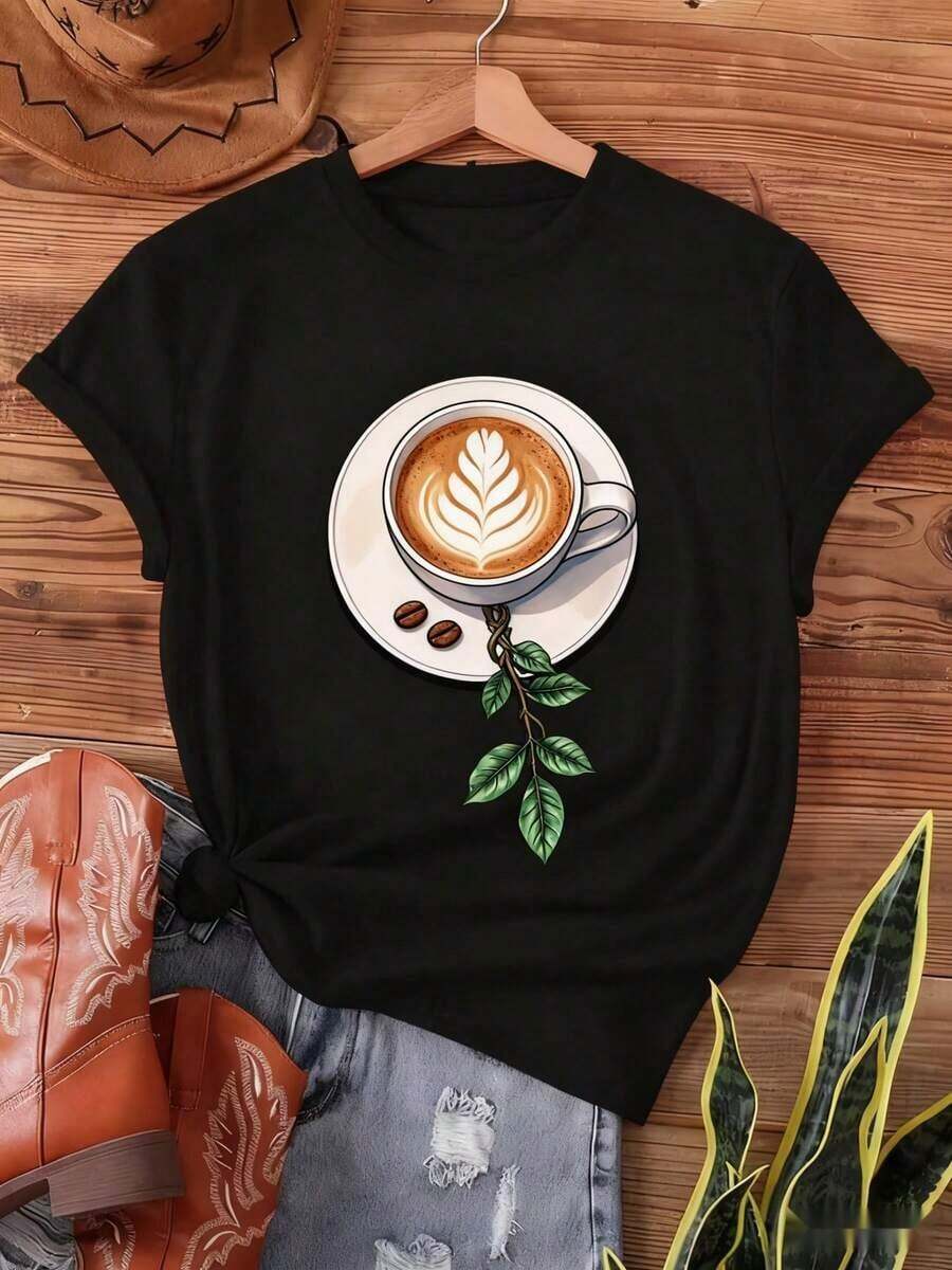 1 Pieza de Ropa de Otoño para Mujer con Temática de Café, Taza de Latte con Hojas, Arte Latte, Granos de Café y Ramas de Café Verde, Ropa Casual Deportiva de Cuello Redondo, Ropa de Invierno para Mujer, Regalo de Navidad, Ropa Navideña - Negro - Ver 1