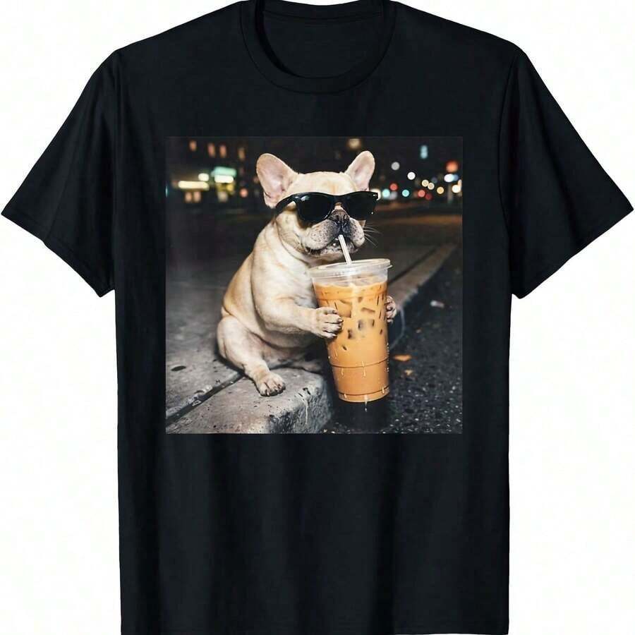 French Bulldog T-Shirt With Iced Coffee - White - View 1