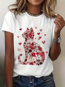Playera de Mujer con Estampado de Silueta de Gato con Flores y Corazones Rojos Manga Corta Corte Regular Suave Casual - Blanco - Ver 1