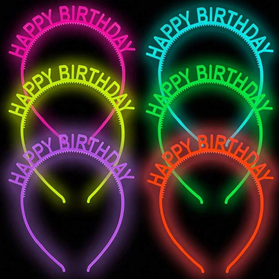 6pcs Glow-In-The-Dark Happy Birthday Headbands - PVC Party Accessories, Suitable For All Hairstyles, Cute Hair Decor Randomly Sent - View 1