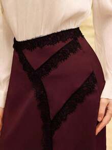 Falda elegante y romántica de línea A con estampado digital de lunares, entretejida en color albaricoque y con aplicación de encaje negro, para primavera/verano - Burdeos - Ver 3
