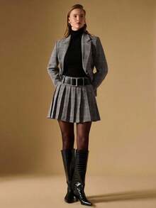 Falda plisada de línea A a cuadros de moda para mujer, adecuada para ir al trabajo - Caqui - Ver 6