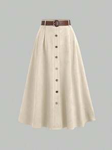 Sweetro Falda de ante marrón con diseño de solapa única, otoño/invierno - Caqui - Ver 6
