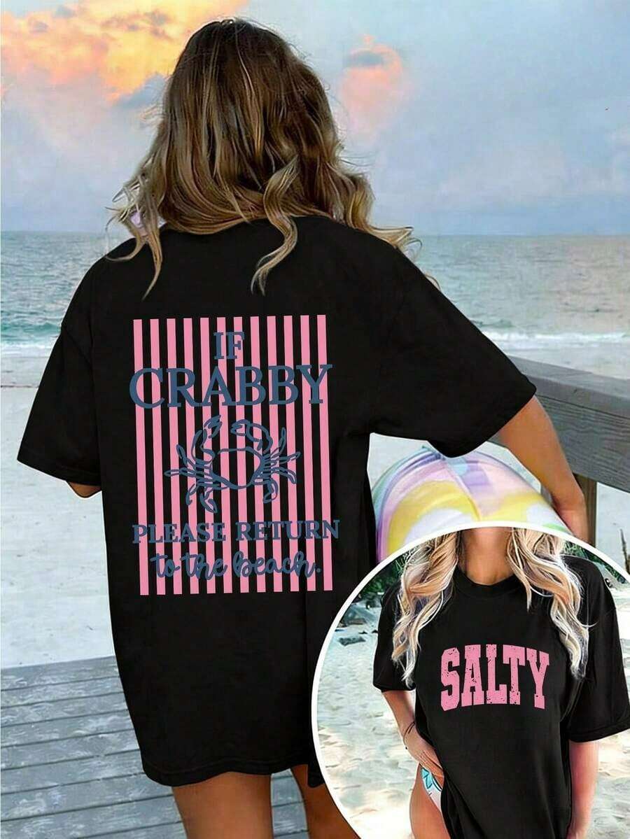 Playera Mujer Doble Estampado, Frontal Letra "SALTY" Rosa, Espalda Frase "IF CRABBY PLEASE RETURN to the beach" con Cangrejo y Rayas, Camiseta Diseño Gráfico Divertido y Playero - Negro - Ver 1