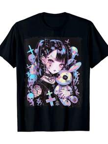Camiseta Grunge de Estilo Gótico para Chicas Anime y E-Girl, 180g, Mismo Estilo para Hombres y Mujeres, Camiseta Estampada de Manga Corta para Verano 2025, 220G Puro - Negro - Ver 8