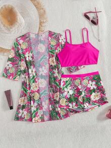 Conjunto de playa de 3 piezas para mujer: top de bikini corto negro, kimono de malla y shorts - Multicolor 8 - Ver 6