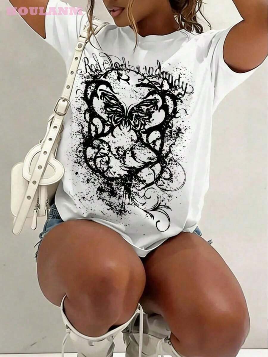 Camiseta de Mujer 100% Algodón con Estampado Gráfico Retro "Butterfly Grunge" Estilo Y2K Gótico de Manga Corta Casual - Suave al Tacto y de Alta Calidad - Blanco - Ver 1