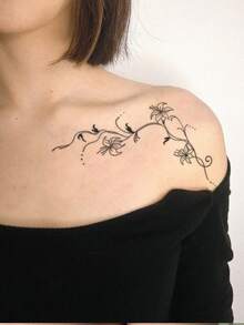 1 pieza Tatuaje temporal de estilo chino con diseño floral, resistente al agua y al sudor, para el brazo/espalda, apto para uso diario de las personas - Negro - Ver 5