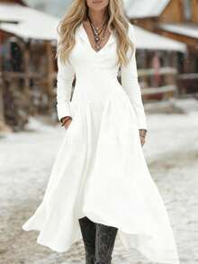 New  Women's Dress, Denim Style, Long Sleeves, Fitted Cut, Appliqué/Fabric Mix Design, Casual Style, Flattering Design, Perfect For Everyday And Urban Looks - 白色 - 查看 4
