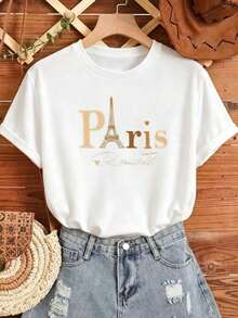 Camiseta casual para mujer con estampado romántico parisino, blusa de manga corta en blanco y negro con cuello redondo y hombros caídos, tejido de punto de elasticidad media. - Blanco - Ver 2