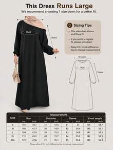 Vestido tejido de estilo árabe elegante, mangas de obispo, cuello redondo, detalles de diseño asimétrico, negro de primavera - Negro - Ver 7