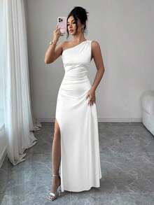 Vestido de noche largo y sexy para mujer con un hombro, cintura fruncida y abertura alta, de satén de lujo, nuevo para el verano de 2026 - Blanco - Ver 7