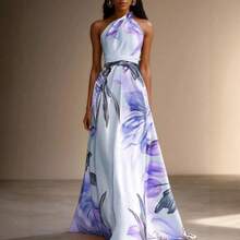 Women's Printed Sleeveless Halter-Neck Elegant Maxi Dress - Perfect For Parties And Vacations - Màu tím hoa cà - Xem 2