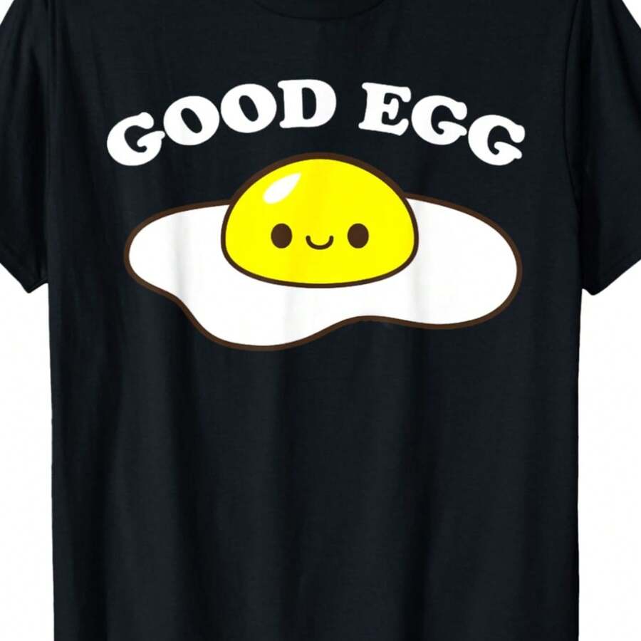 Funny Egg Graphic T-Shirt - Humorous Clothes With Egg Face - Soft And Breathable Fclothes Daily Use - With White Text - Casual Clothing Fclothes Parties Or Gift Fclothes Food Lovers, Cartoon Style, Clotheshine Washable - 黑色 - 查看 1