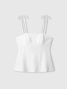 Top camisero con lazo decorativo, unicolor de estilo minimalista y de moda, adecuado para el verano - Blanco - Ver 1