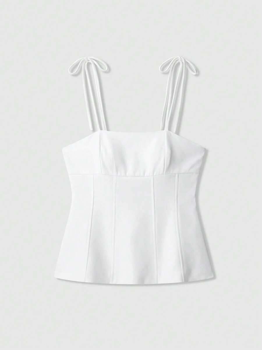 Top camisero con lazo decorativo, unicolor de estilo minimalista y de moda, adecuado para el verano - Blanco - Ver 1