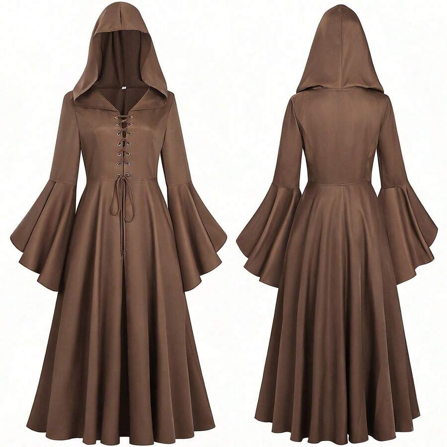 Halloween Cosplay Gothic Women's Skirt Dark Medieval Witch Long Trumpet Sleeve Solid Color Skirt - 251210 Women's Flared Sleeve Dress, Brown - View 1