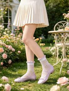 5 pares de calcetines finos de algodón y malla para niñas, con alta elasticidad, adorno floral con volantes, calcetines deportivos transpirables, para primavera/verano - Multicolor - Ver 3