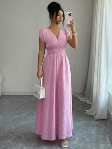 Vestido de mujer de longitud media, sin mangas, con cuello en V, de tela texturizada, cintura ceñida, elegante ropa de resort, primavera/verano - Rosa - Ver 4