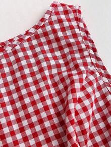 Camisa sin mangas con cuello redondo de estilo universitario retro y a cuadros, con diseño sexy para mujer.Nueva blusa de verano con cordones, ajuste ceñido y delicado estilo femenino y dulce - Rojo - Ver 3