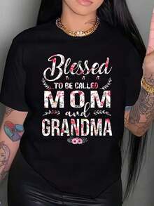 Camiseta de Mujer para el Día de la Madre con Diseño Floral "Blessed To Be Called Mom And Grandma", Ideal para el Día de la Madre o Reuniones Familiares, Regalo Perfecto para Madres y Abuelas. Tejido de Algodón, Lavable a Máquina, Perfecta para Celebrar el Día de la Madre, Regalo Ideal para Mamá y Abuela.Camiseta con temática del Día de la Madre. - Negro - Ver 1