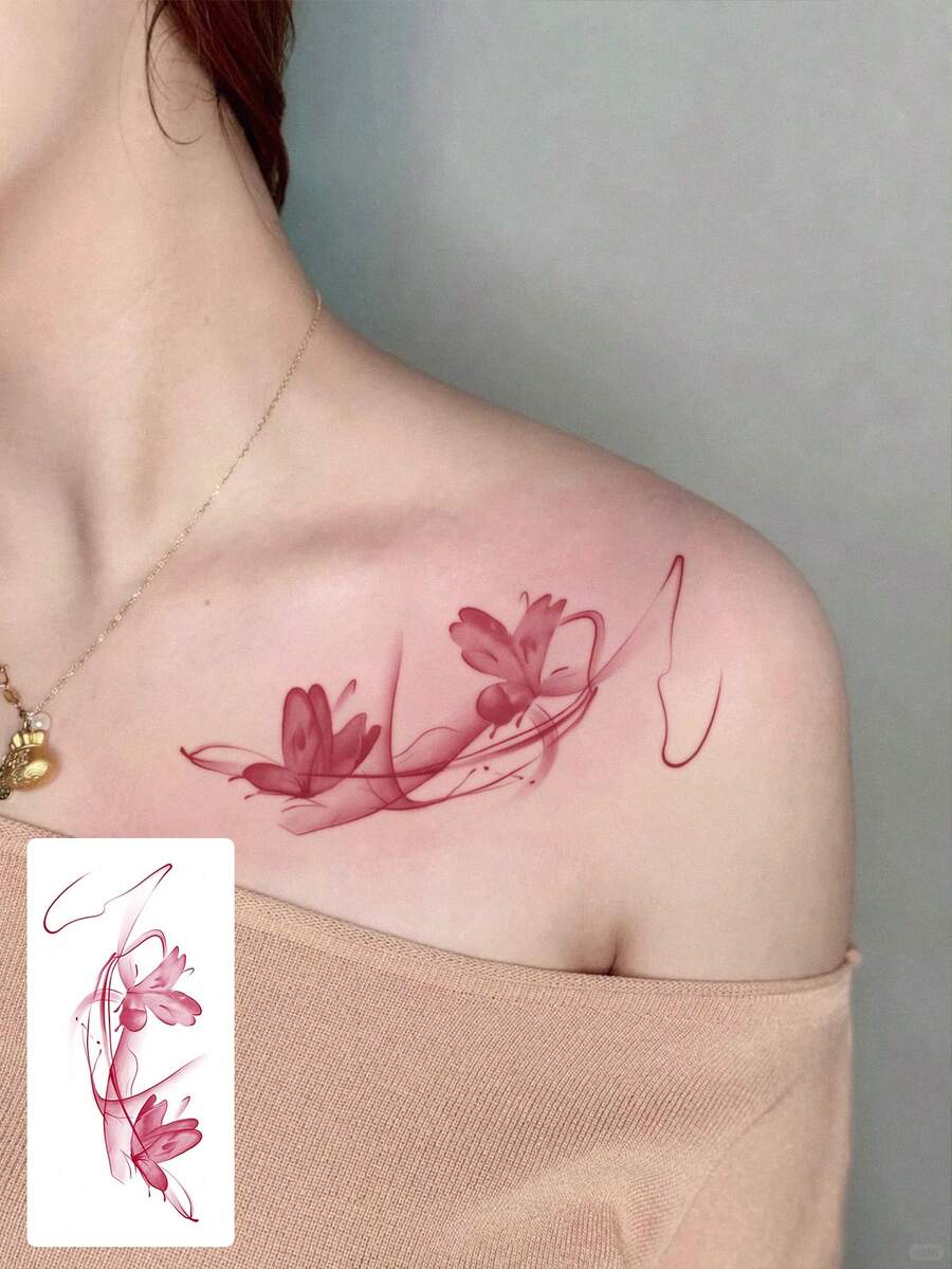 单张红色调水彩蝴蝶线条艺术纹身贴纸 - 防水持久,“潮流”锁骨/肩部/颈部贴花 - 黑色 - 查看 1
