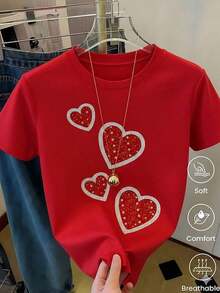 Respirable Playera Blanca de Mujer con Gráfico de 4 Corazones Rojos de Brillo y Borde Plateado, Camiseta de Estilo Aesthetic Brillante Manga Corta, Top Romántico y Femenino, Blusa Casual de Moda, ropa de calor mujer - Rojo - Ver 6