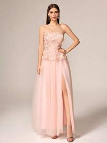 VIPGIRL New Arrival Lavender Asymmetric Waist Ruched Sequin Patchwork Elegant Formal Evening Gown - Pink - View 4