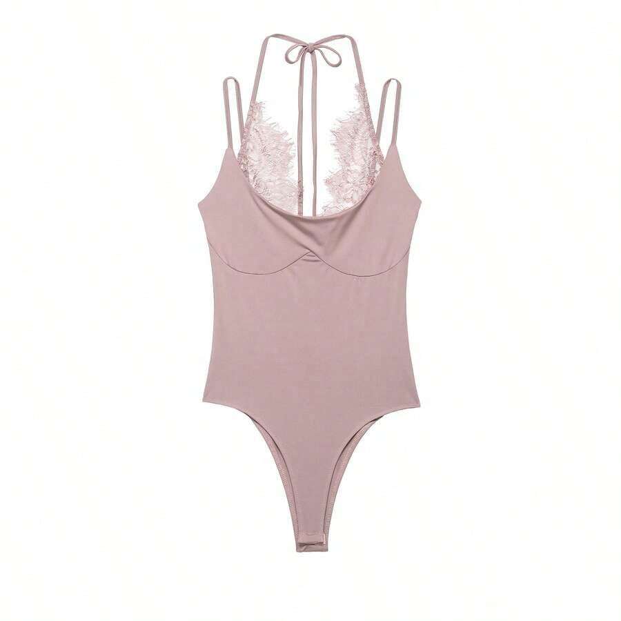 DEEKA Nuevo body de verano para mujer, de moda, sexy, con contraste de encaje halter, elegante en color rosa - Rosa - Ver 1