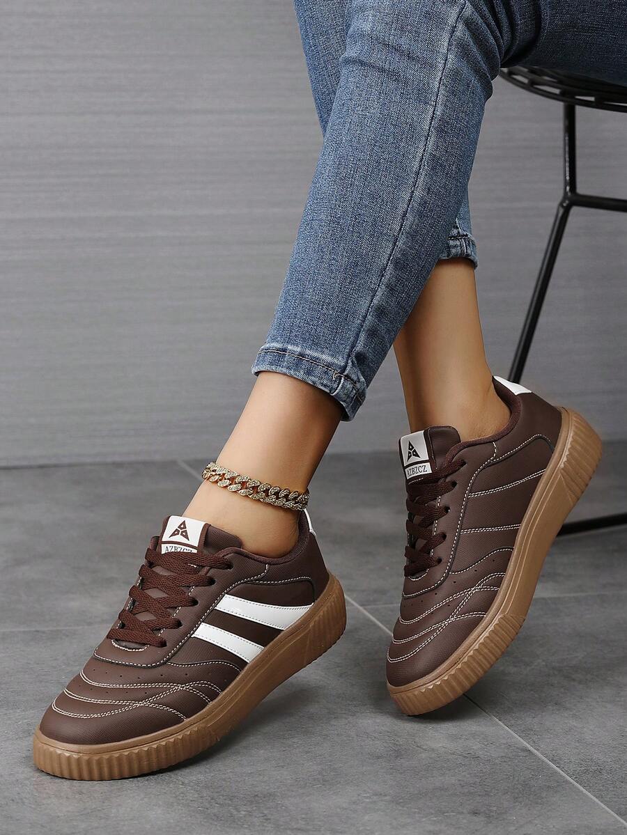 Baskets décontractées mode pour femmes, chaussures plates décontractées à lacets légères avec semelle épaisse, chaussures de sport basses multifonctionnelles - Tabac - Voir 1