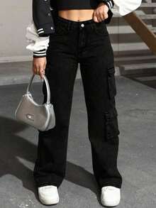 Jeans de mezclilla con bolsillo con solapa y cargo lateral, de estilo sencillo y elegante para uso diario y casual en primavera, color negro - Negro - Ver 6