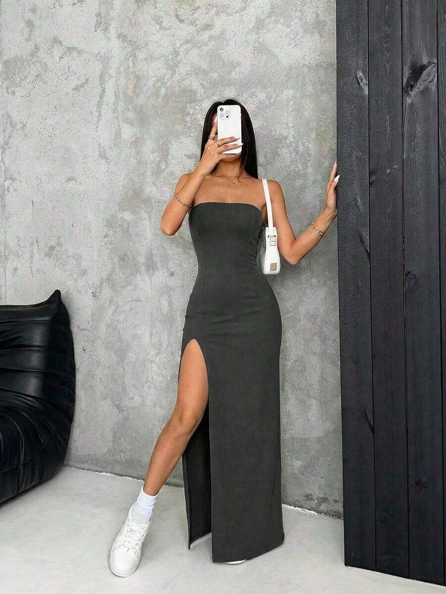 Vestido tubo casual de mezclilla con abertura alta para mujer, tejido de punto de mezclilla elástico, azul - Gris - Ver 1