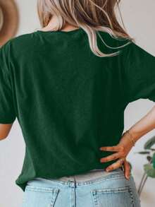 Camiseta de manga corta y cuello redondo para mujer de talla, adecuada para uso casual en primavera/verano, con exquisito estampado de gato, tela suave y cómoda - Verde Oscuro - Ver 2