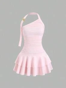 Nuevo diseño de vestido mini para mujer con falda en forma de pastel, cuello halter, y ribete metálico en espiral que estiliza la silueta - Rosa - Ver 6