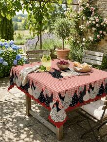 1 pieza Mantel de mesa con estampado de pollo a cuadros rojos, estilo rústico de granja y país, de poliéster ovalado con patrón de gallo y gallina blanco y negro, mantel a cuadros para picnic, mantel decorativo para comedor - Multicolor - Ver 18