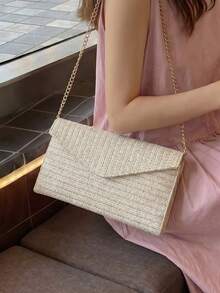 1pc Summer Design New Women's Clutch Bag, Shoulder Diagonal Chain Envelope Bag, Straw Woven Vacation Bag, Casual Chic Striped Design Elegant Popular Bag, Suitable For Beach Vacation, Beach Outing, Etc. - Beige - View 7
